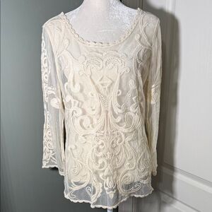 Express Sheer Lace Mesh Blouse Ivory Long Sleeve Size Large